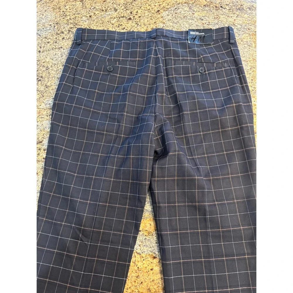 NWT H&M‎ Mens Skinny Fit Windowpane Plaid Dress Pants Navy Blue Size 33